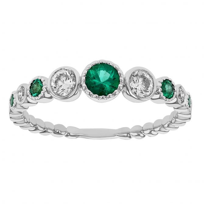 Round Graduated Emerald & Diamond Bezel Set Beaded Ring in White Gold