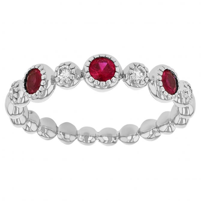 Round Ruby & Diamond Bezel Set Milgrain Patterned Beaded Ring in White Gold