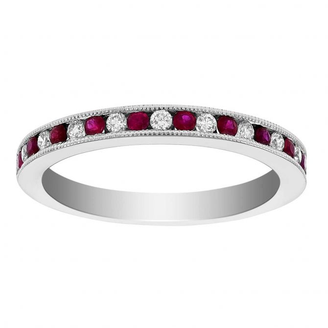 Round Ruby & Diamond Alternating Channel Set Milgrain Ring in White Gold