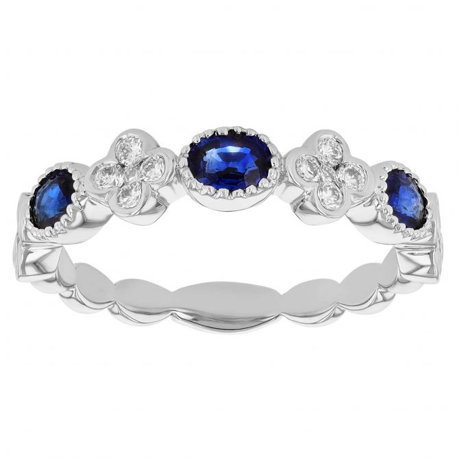 Oval Sapphire & Diamond Cluster Bezel Set Patterned Ring in White Gold