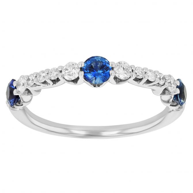 Round Sapphire Trio & Graduated Diamond Ring in White Gold