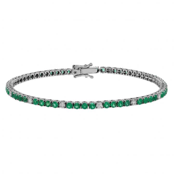 Round Emerald & Diamond Tennis Bracelet in White Gold, 7"