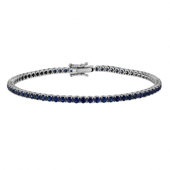 Round Sapphire Tennis Bracelet in White Gold, 7", 3.43 tw