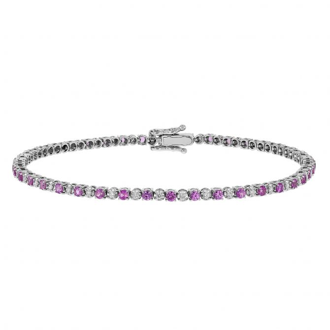 Pink Sapphire & Diamond Alternating Tennis Bracelet in White Gold, 7", 1.66 tw