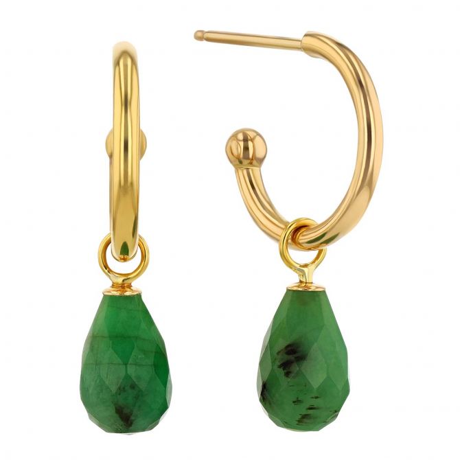 Emerald Briolette Drop Hoop Post Earrings in Yellow Gold