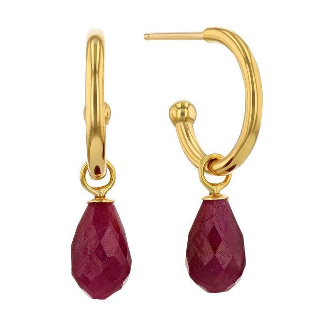 Ruby Briolette Drop Hoop Post Earrings in Yellow Gold