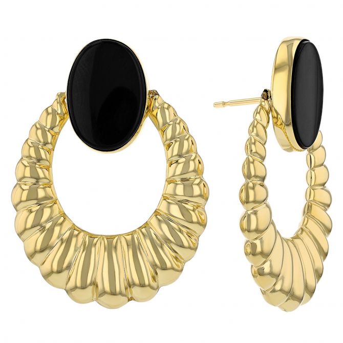 Oval Onyx Chalcedony & Yellow Gold Circle Drop Earrings