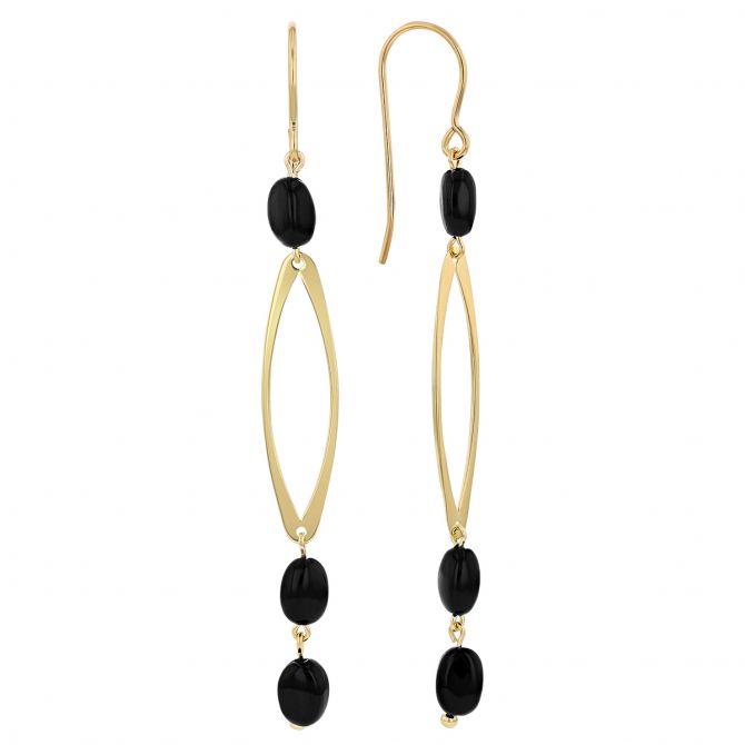 Onyx Chalcedony Bead & Yellow Gold Marquise Shaped Drop Earrings