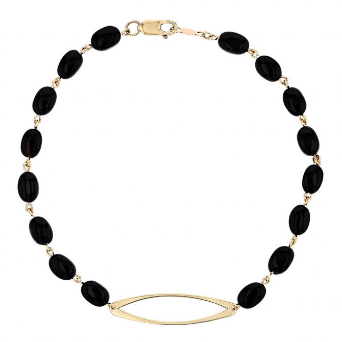 Black Onyx Chalcedony Bead & Marquise Shaped Yellow Gold Link Bracelet, 7.25"