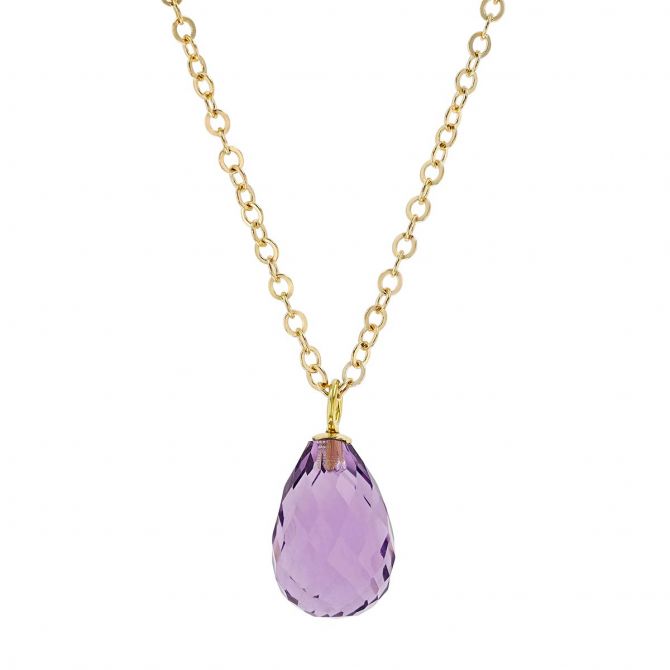 Amethyst Briolette Solitaire Pendant in Yellow Gold, 19"