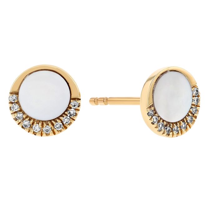 Doves Mother of Pearl & Diamond Round Stud Earrings in Yellow Gold