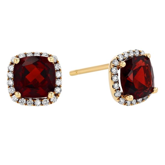 Doves Cushion Checkerboard Garnet & Diamond Halo Stud Earrings in Yellow Gold