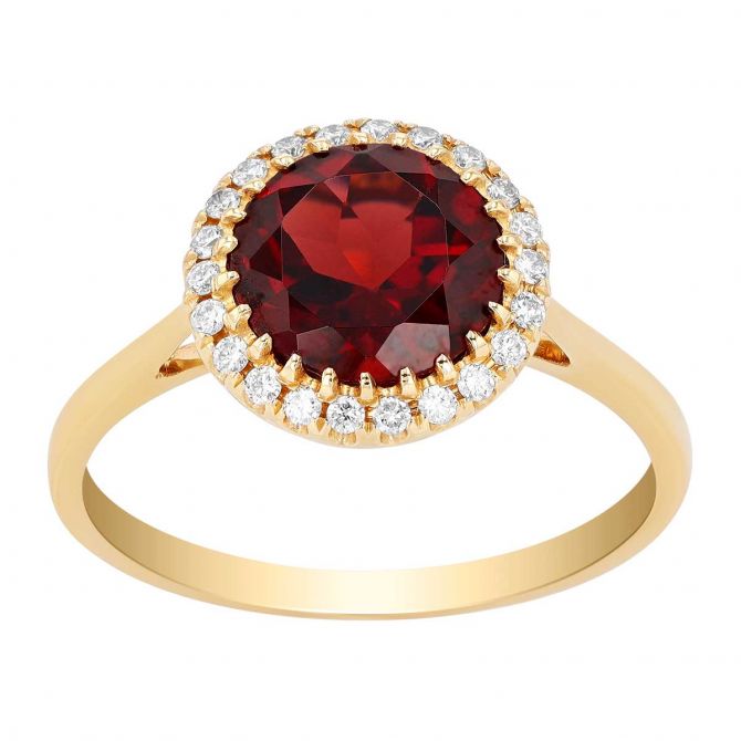 Doves Round Garnet & Diamond Halo Ring in Yellow Gold