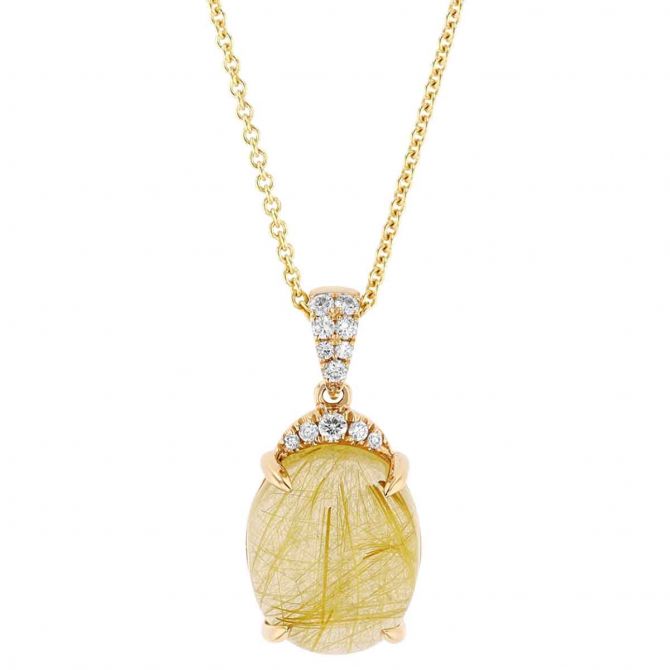 Oval Cabochon Rutilated Quartz & Diamond Bail Pendant in Yellow Gold, 18"