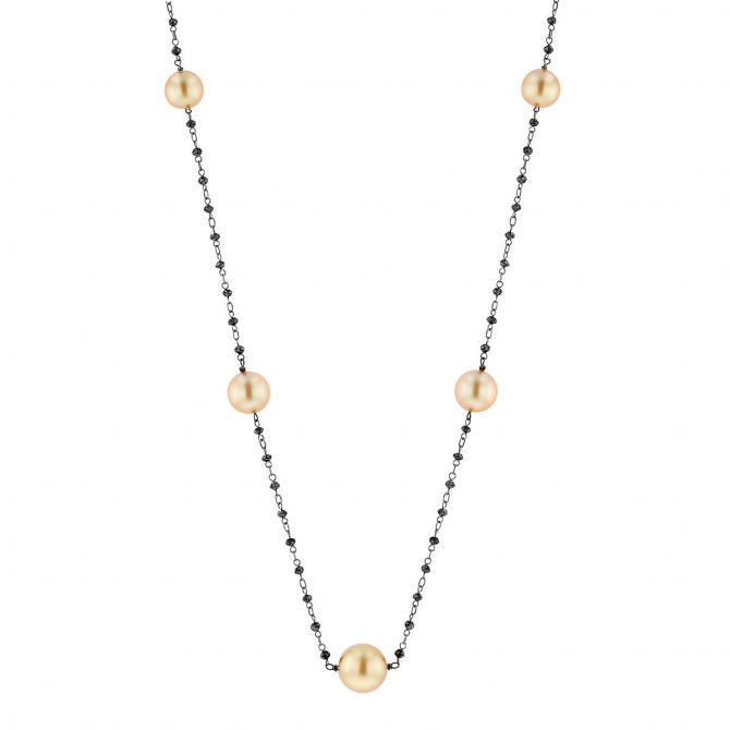 TARA Pearls Golden South Sea Cultured Pearl & Black Diamond Station Necklace in White Gold, 20"