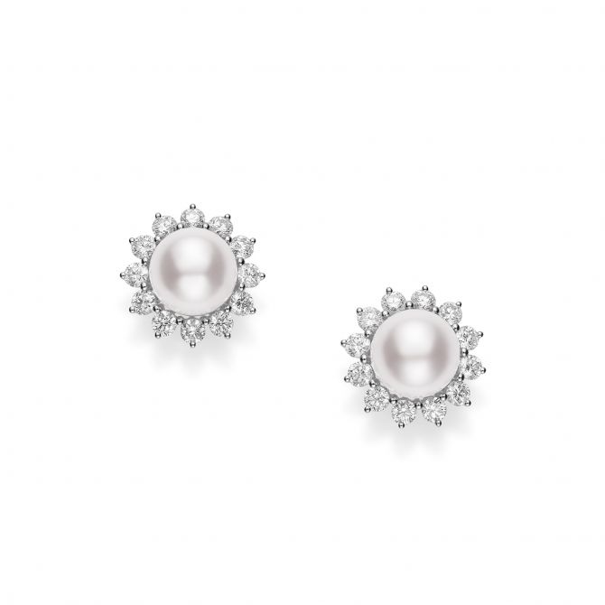 Mikimoto Akoya Cultured Pearl & Diamond Floral Halo Stud Earrings in White Gold, 7.5 mm