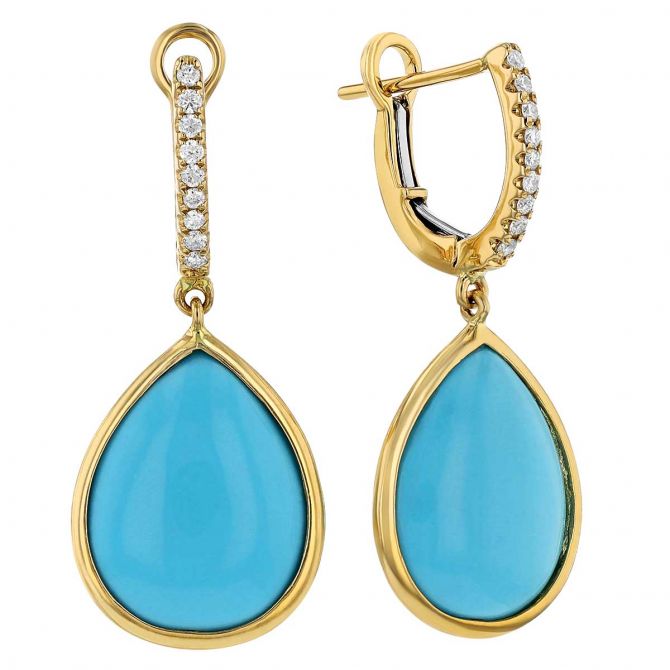 Frederic Sage Pear Shaped Turquoise & Diamond Huggie Hoop Dangle Earrings in Yellow Gold