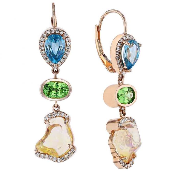 Fire Opal, Green Garnet & Blue Zircon Diamond Halo Drop Earrings in Rose Gold