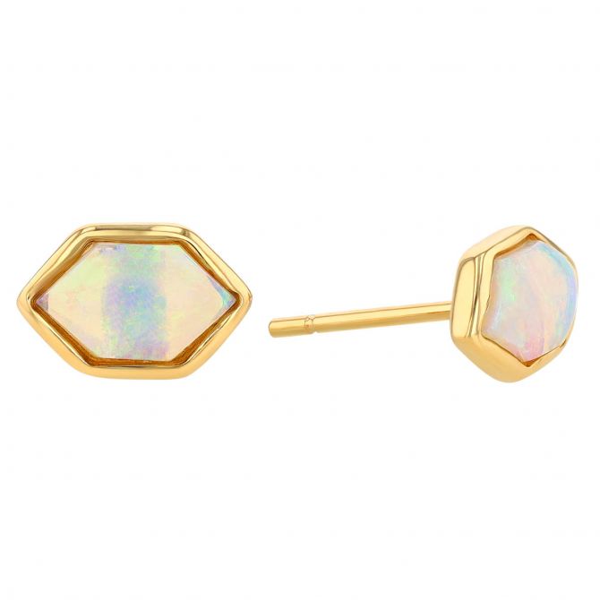 Hexagon Opal Bezel Set Stud Earrings in Yellow Gold