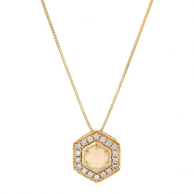 Round Cabochon Opal & Diamond Hexagon Halo Pendant in Yellow Gold