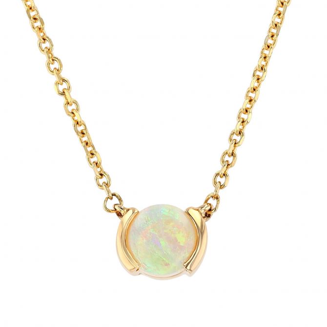 Round Cabochon Opal Half Bezel Necklace in Yellow Gold, 18"