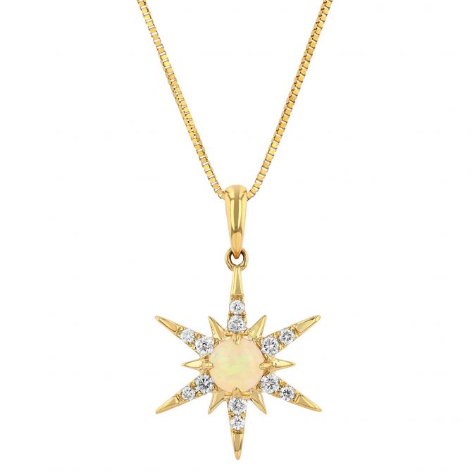 Round Cabochon Opal & Diamond Starburst Pendant in Yellow Gold