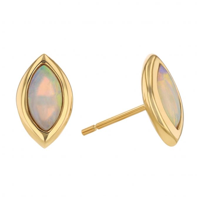 Marquise Cabochon Opal Bezel Set Stud Earrings in Yellow Gold