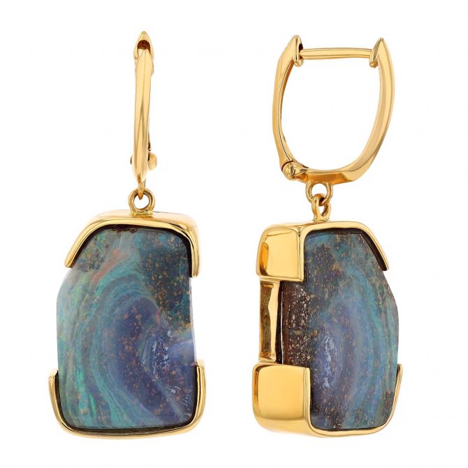 Freeform Boulder Opal Half Bezel Dangle Earrings in Yellow Gold