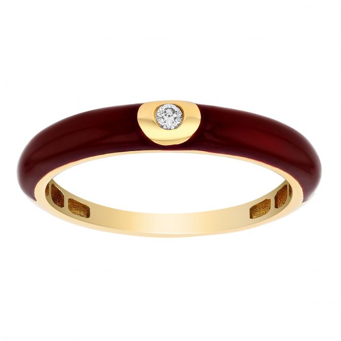 Diamond Flush Set Solitaire Burgundy Enamel Ring in Yellow Gold