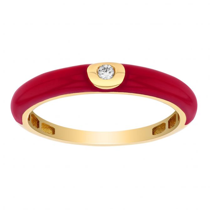 Diamond Flush Set Solitaire Crimson Enamel Ring in Yellow Gold