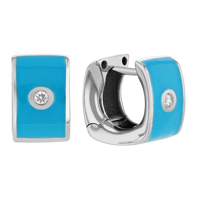 Diamond Flush Set Solitaire Bright Blue Enamel Wide Huggie Hoop Earrings in White Gold