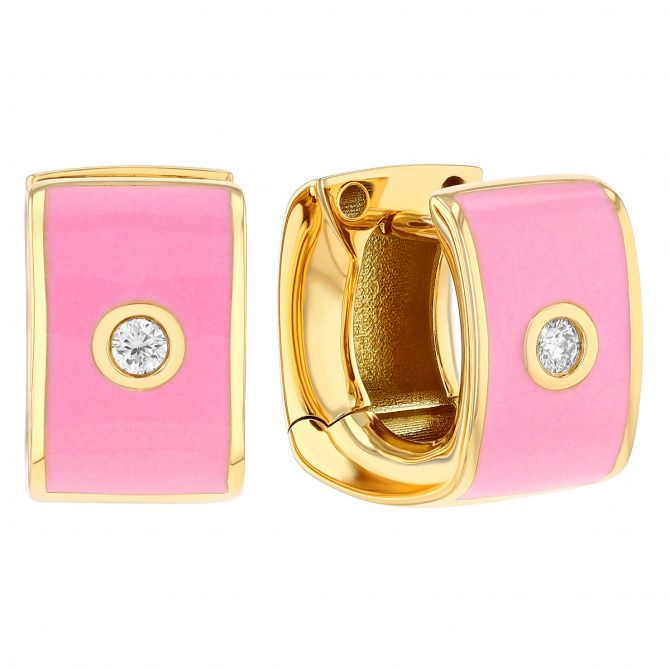 Pink Enamel & Bezel Set Diamond Soft Square Huggie Earrings in Yellow Gold