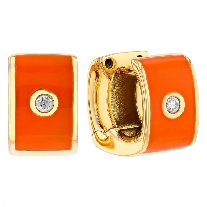 Orange Enamel & Bezel Set Diamond Soft Square Huggie Earrings in Yellow Gold