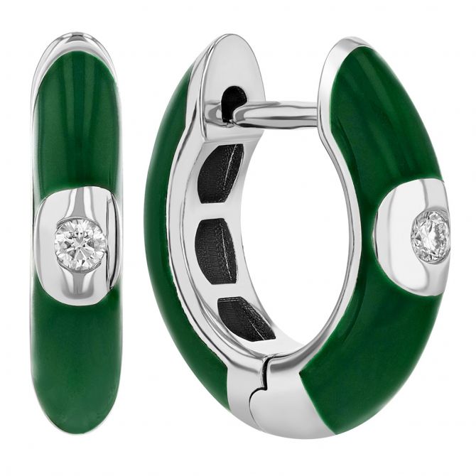 Diamond Flush Set Solitaire Green Enamel Hoop Earrings in White Gold