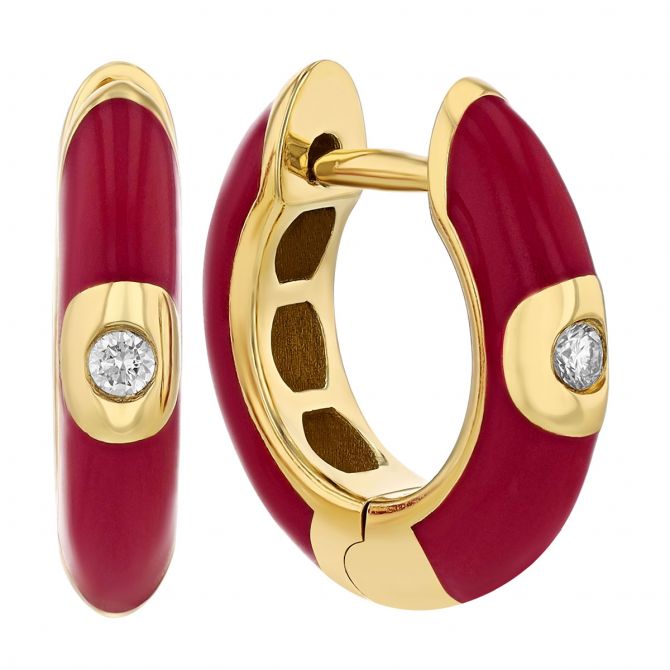 Diamond Flush Set Solitaire Crimson Enamel Hoop Earrings in Yellow Gold