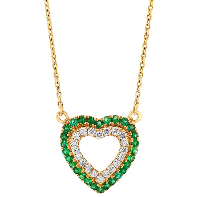 Emerald & Diamond Open Heart Necklace in Yellow Gold, 18"