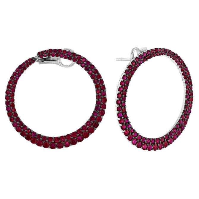 Graduated Ruby Pave Open Circle Earrings in White Gold