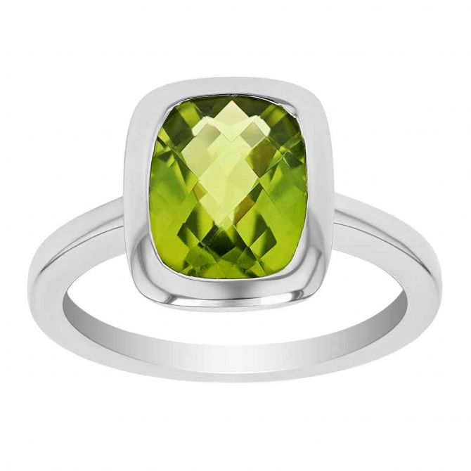 Cushion Peridot Bezel Set Ring in White Gold