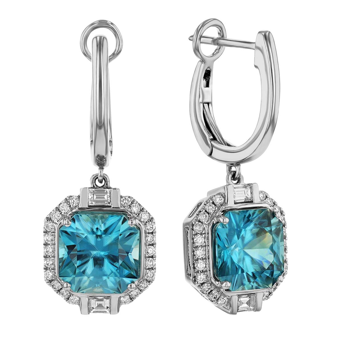 Radiant Zircon Diamond Halo Hoop Drop Earrings in White Gold