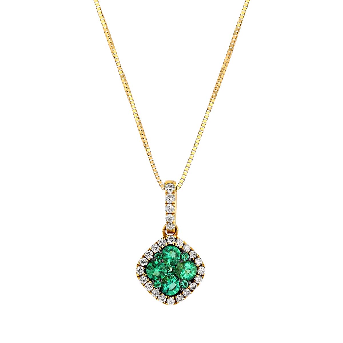 Round Emerald Cluster & Diamond Halo Pendant in Yellow Gold | Borsheims