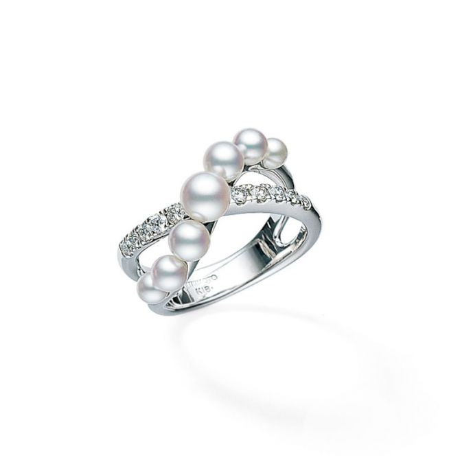 Mikimoto Graduated Akoya Cultured Pearl & Diamond Crossover Ring in White Gold