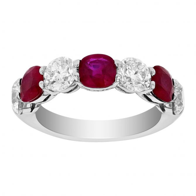 J.B. Star Cushion Ruby & Round Diamond Ring in Platinum