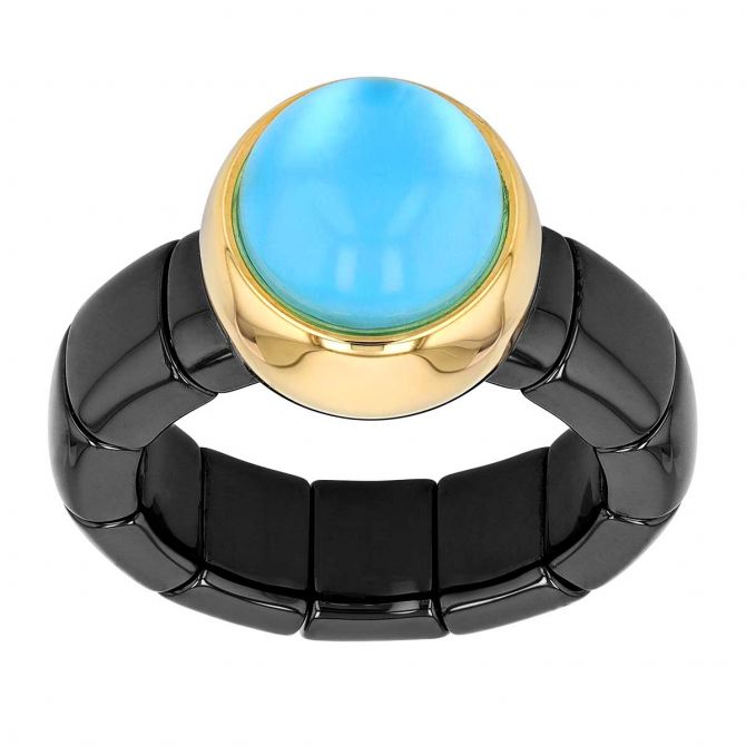 Demeglio Blue Glass & Mother of Pearl Bezel Set Stretch Ring in Yellow Gold and Black Ceramic