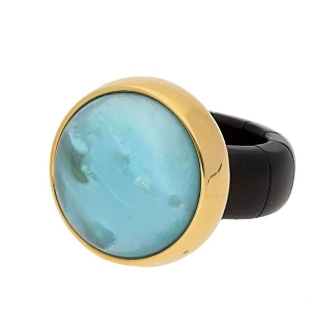 Demeglio Round Blue Glass & Mother of Pearl Stretch Ring in Yellow Tone & Black Ceramic