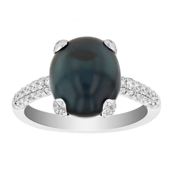 Oval Cabochon Indicolite Tourmaline & Diamond Pavé Ring in White Gold