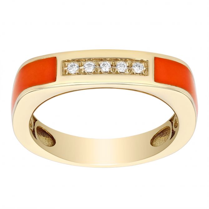 Orange Enamel & Diamond Soft Square Band Ring in Yellow Gold