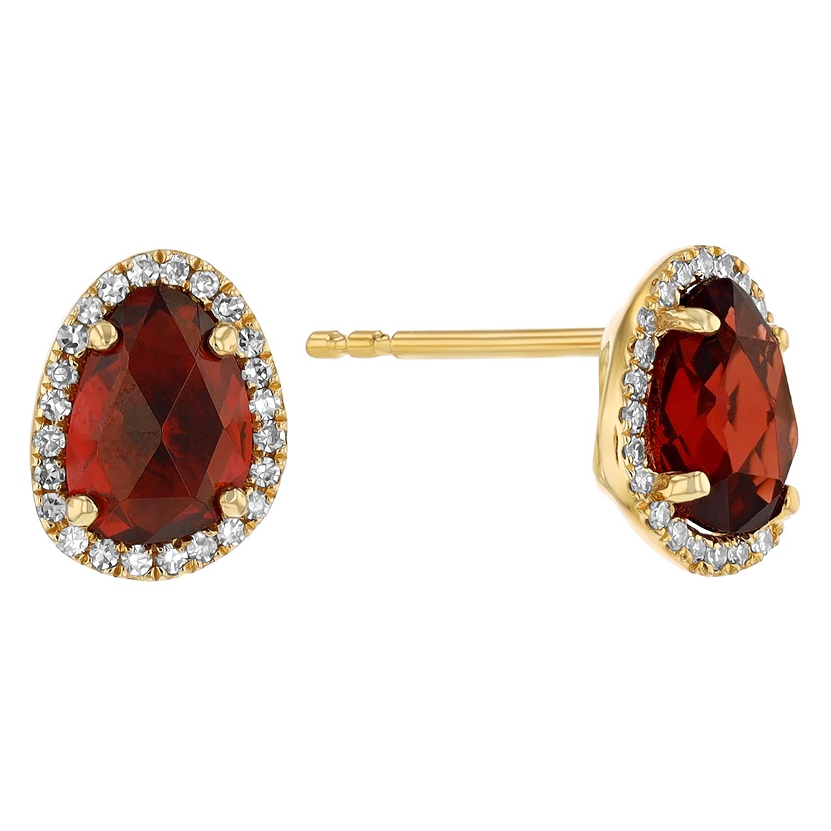 Freeform Garnet & Diamond Halo Stud Earrings in Yellow Gold