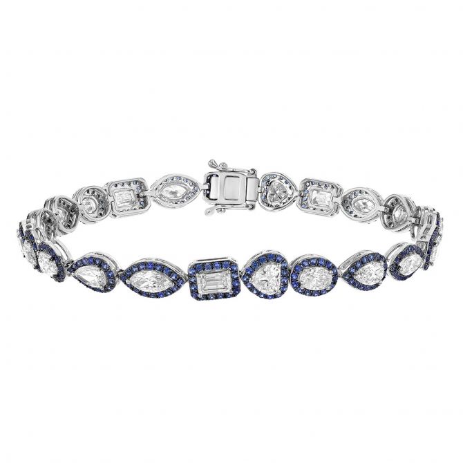 Multi-Shape Diamond & Sapphire Halo Tennis Bracelet in White Gold, 7"