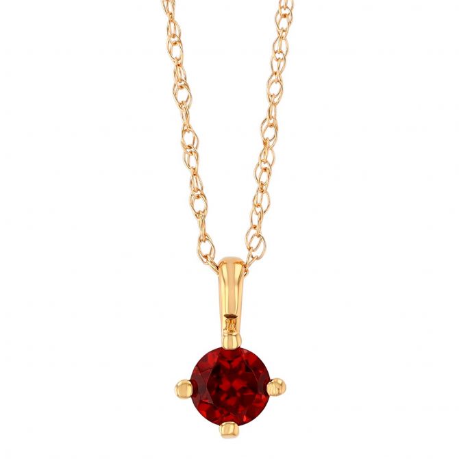 Round Garnet Solitaire Pendant in Yellow Gold, 18"