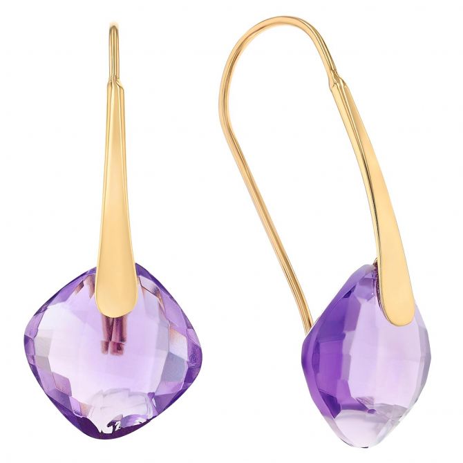 Amethyst Cushion Checkerboard Drop Earrings in Yellow Gold